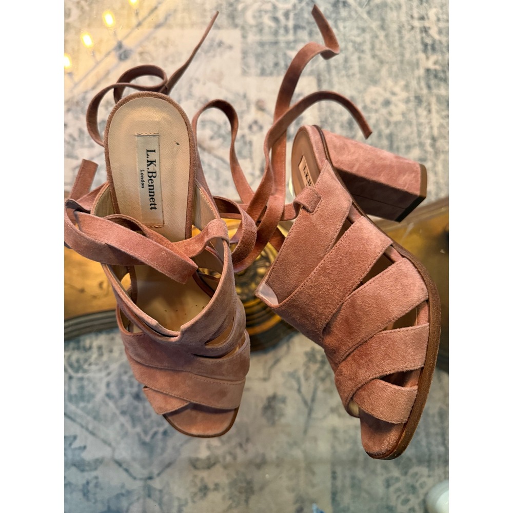 LK Bennett Seline Dusty Pink Suede Lace Up Block Heel Sandals Made in Italy 37